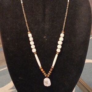 Vintage Gold and White Beaded,Glass, Bone And Stone Necklace
